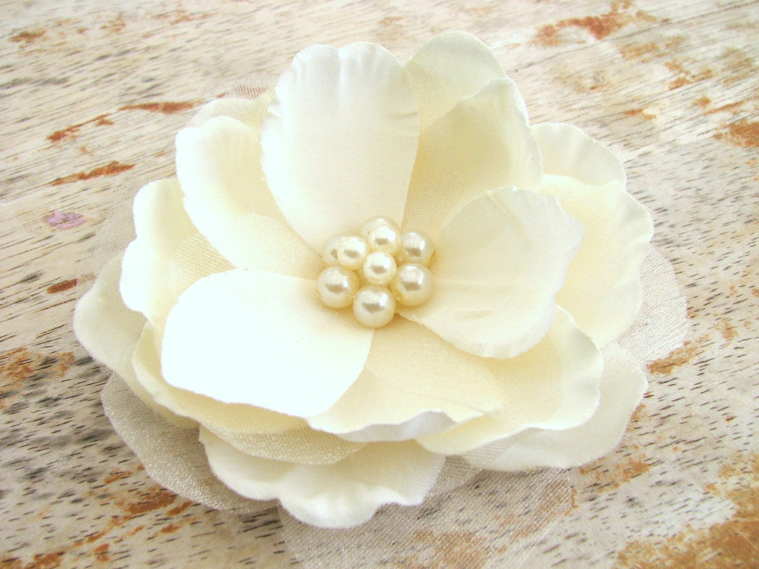 Elegant Ivory Flower Fascinator Hair Clip Magnolia with Large Cluster of Faux Pearls