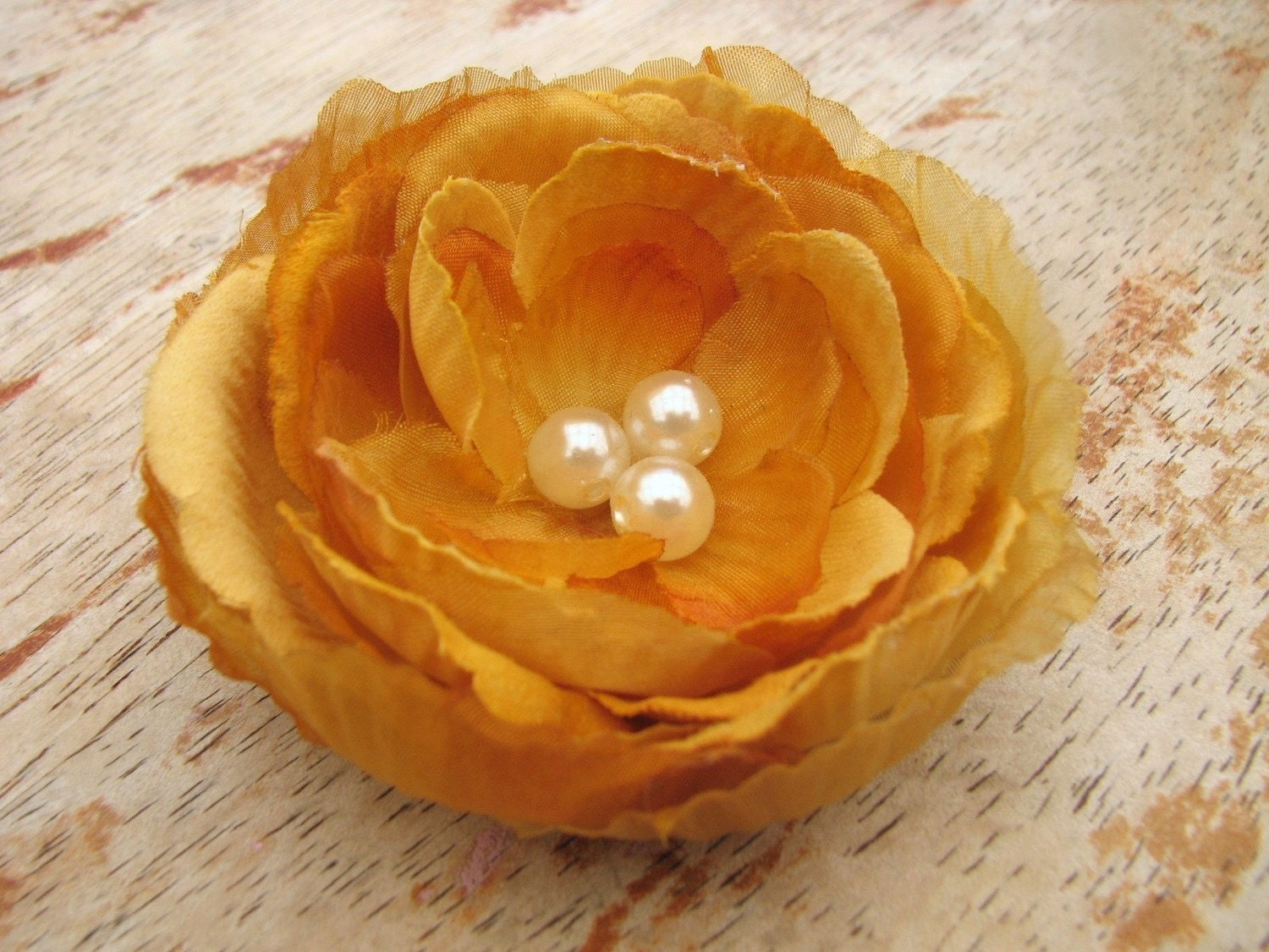 Shimmering Gold Flower Fascinator Hair Clip Ranunculus with Ivory Pearl Center