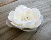 Ivory Mini Shimmering Ranunculus Flower Fascinator Hair Clip with Brilliant Rhinestone Center