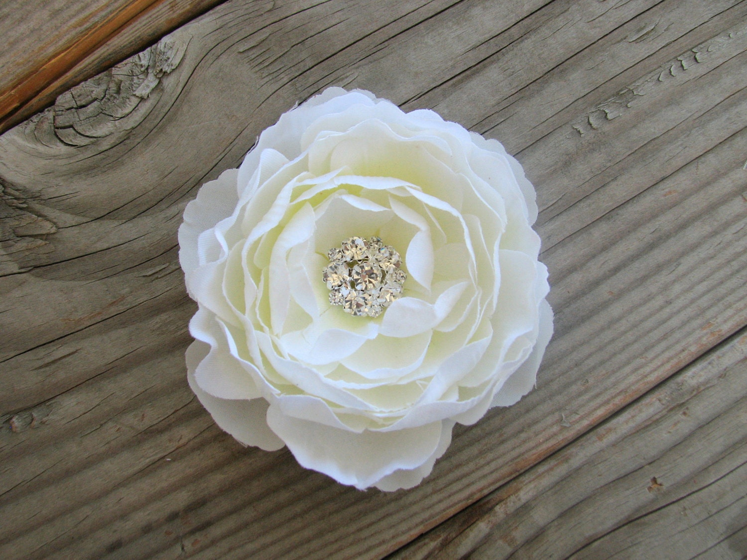 White Ruffled Ranunculus Flower Fascinator with Sparkling Rhinestone Cluster Center