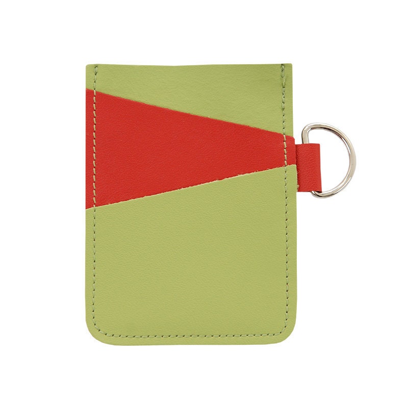 Mally Leather Sleeve Style Credit Gift Business Card Holder with 3 slots and D ring, holds 12-20 cards - Red on Lime Green