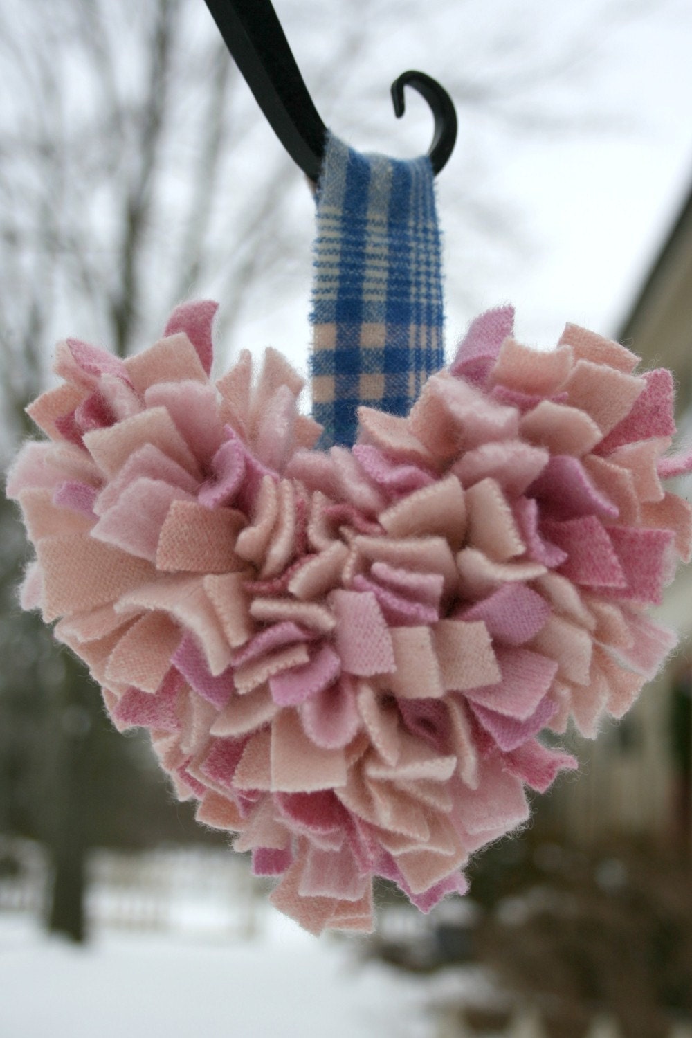 Heart ornament decor -- recycled cashmere and wool -- pretty in pink