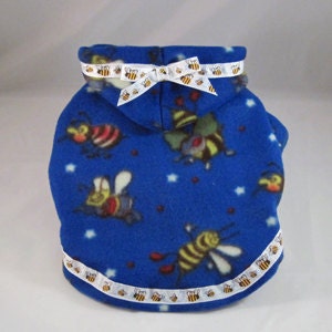 Dog Hoody in Blue Fleece with Honey Bee Print for Yorkie Chihuahua Maltese