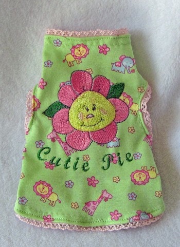 Pink Cutie Pie Puppy Dog Tank Tee Top with Flower Embroidery and Lace trim
