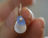 Cornflower blue genuine sea glass diamond cut  teardrop earrings sterling silver hooks