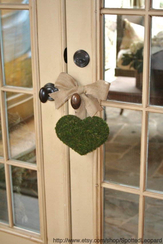 Valentines Day Moss Covered 6 inch Heart  Door Wreath with Burlap Ribbon