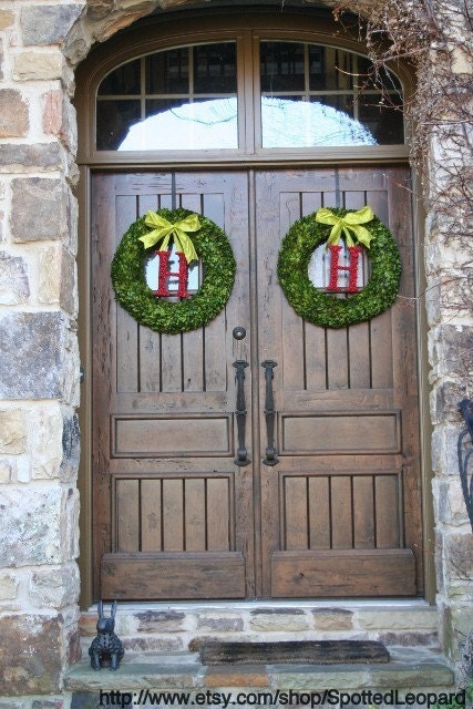 2-24 inch Boxwood Wreath with Holly Berry Initial Door Wedding Wreath