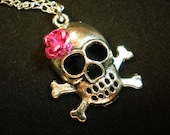 Flowered Skull and Crossbones Silver  Pendant Necklace YOUR CHOICE of COLORS