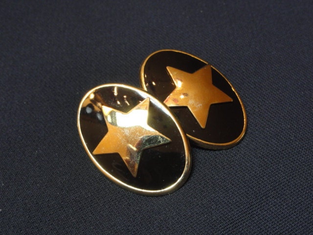 Vintage Gold Star & Black Enamel Oval Disk Post Earrings