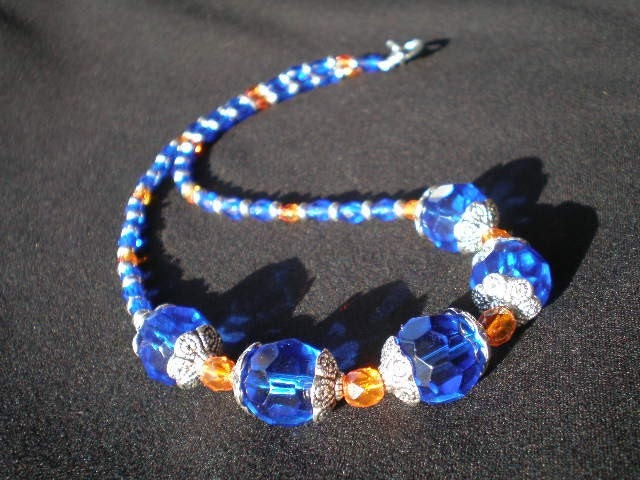Orange, Colbalt Blue, and Silver Bead Necklace