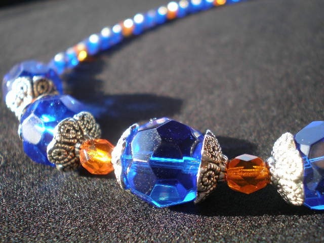 Orange, Colbalt Blue, and Silver Bead Necklace