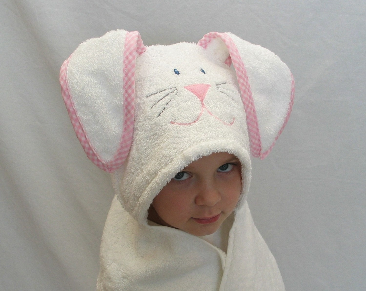 Bunny Rabbit Hooded Bath Towel- pink gingham trim -  Perfect gift for Infant / Toddler / Child