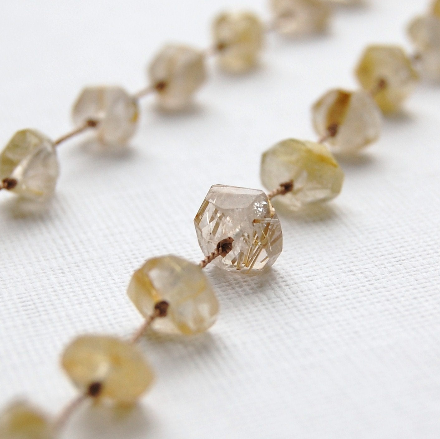 Golden Rutilated Quartz Hand Knotted on Silk Cord, Elegant and Understated, Tin Cup