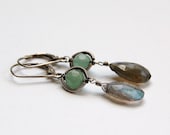 Wire Wrapped Labradorite and Green Aventurine Sterling Silver Earrings, Oxidized