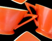Atomic Art Deco Salem Streamline Cups w/ Tricorne Saucers in Mandarin Orange - Set of 2, Grade B