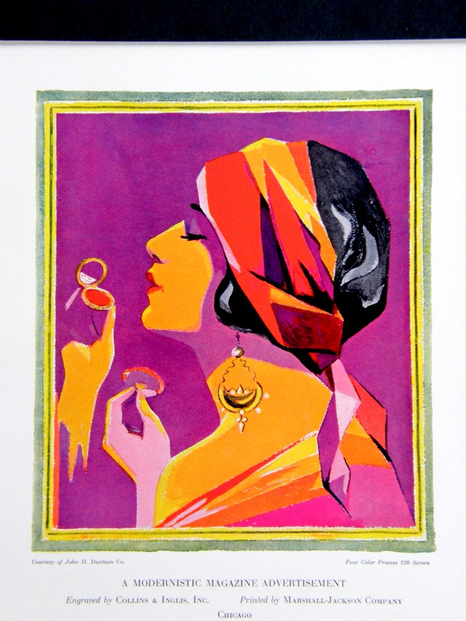 Modernistic Woman, Vintage Ad: 1920s Art Deco Color Engraving in Black Mat, Radiant Bright Colors