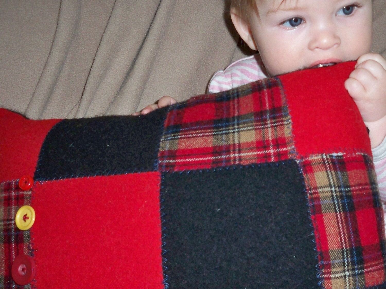 Red, Black, and Plaid Felted Wool Pillow