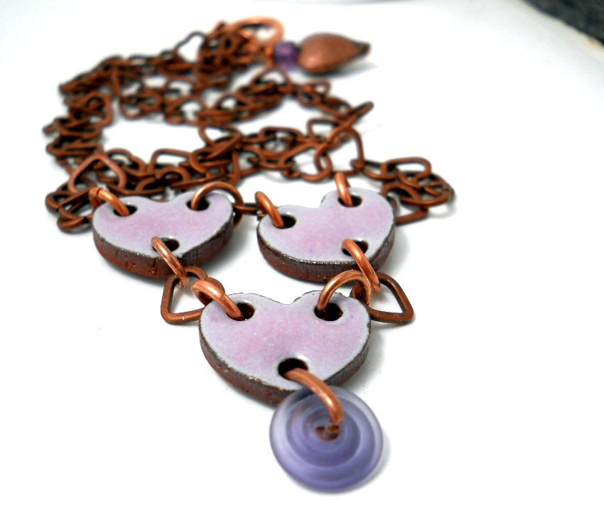 Purple Chained Hearts Necklace, Copper Hearts, Elaine Ray Ceramic Hearts, Periwinkle Lampwork Swirl, Valentines Jewelry