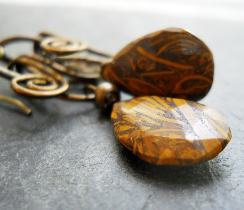 Gemstone Earrings, Natural Brown Faceted Jasper Antiqued Brass, Rustic Jewelry, Natural, Caramel Black Western Boho