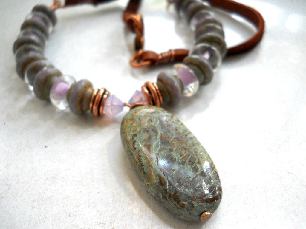 Agate and Czech Glass Necklace, Borosilicate Glass Donut Beads, Copper, and Suede