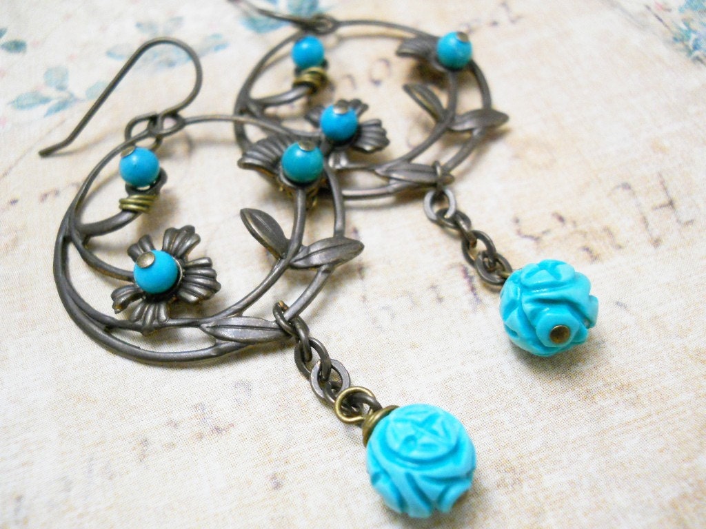 Turquoise Vines Earrings, Carved Turquoise Flowers, Vintaj Brass Vine Hoops, Tiny Turquoise Beads Rustic Jewelry