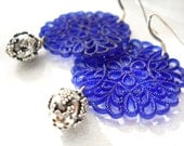 SALE Sterling Silver Blue Filigree Earrings, Cobalt Blue, Silver Bells, Feminine, Boho Jewelry - ChelseaGirlDesigns
