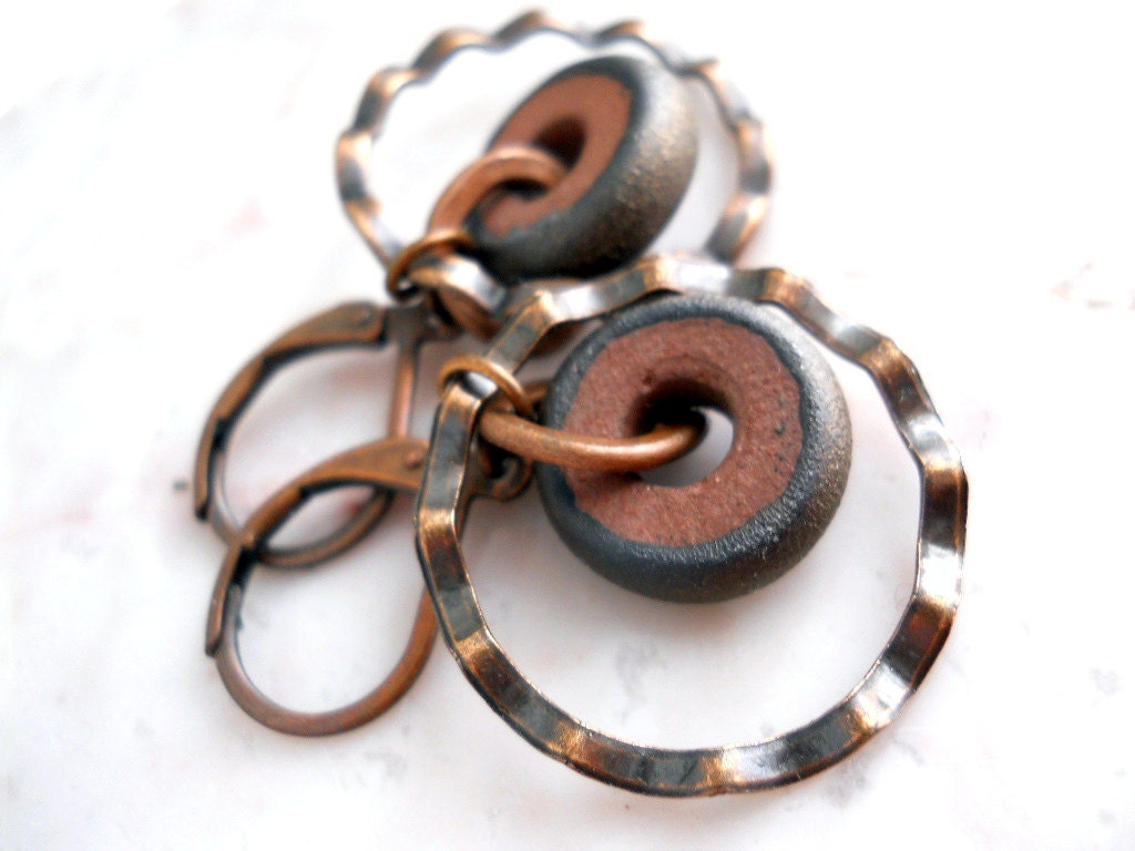 Ceramic and Copper Earrings, Wavy Copper Circles, Elaine Ray Bronze Ceramic Wheels, Rustic Jewelry, Boho, Bridal