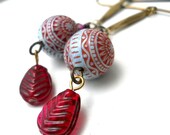Vintage Baby Blue and Cranberry Glass Earrings, Vintage beads, Antiqued brass, Fucshia Crystal, Geometric Jewelry