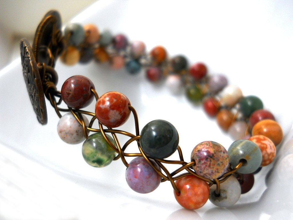 Beaded Gemstone Bracelet, Multi Colored Ant. Brass Button Braided, Floral Jewelry, Rustic Fashion, Bridal, Natural
