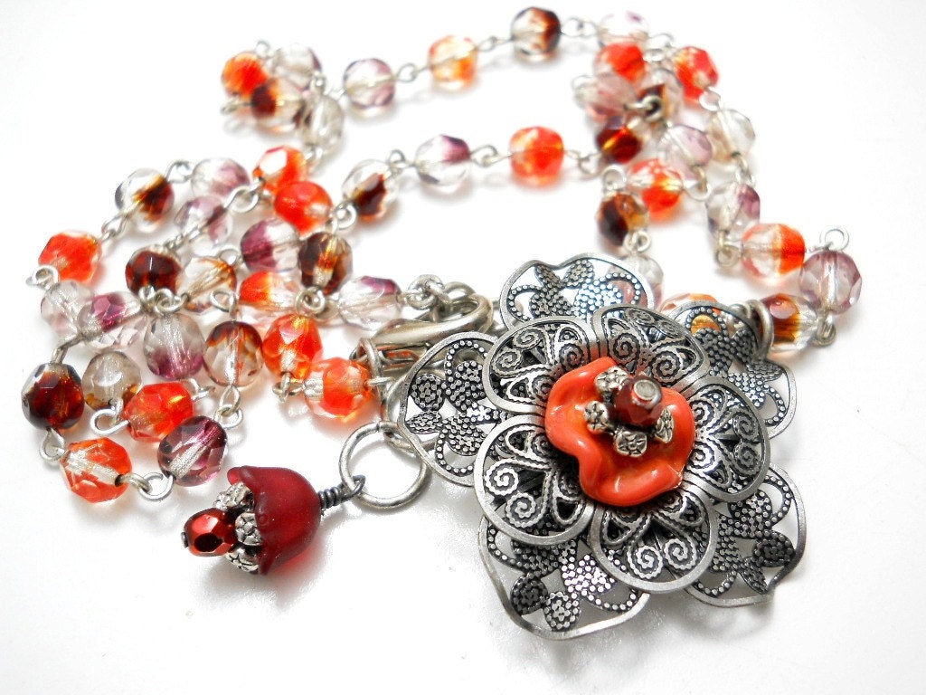 SALE Tangerine Glass Flower Necklace, Lampwork Flower, Czech Glass Chain, Filigree, Vintage Inspired, Floral Jewelry