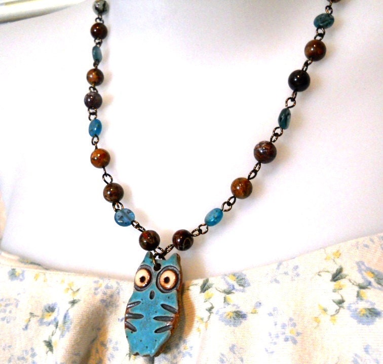 Ceramic Owl and Gemstone Necklace, Multi Colored Jasper, Aqua Blue Turqoise Rustic Ceramic Owl Pendant, Bird Fashion