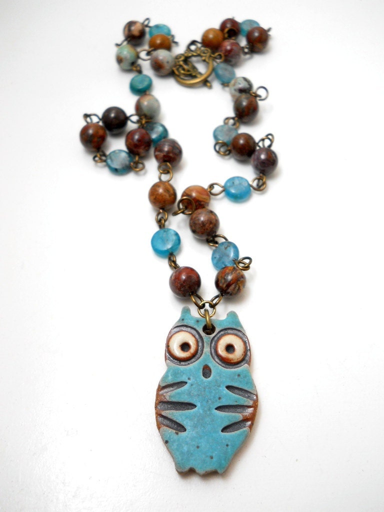 Ceramic Owl and Gemstone Necklace, Multi Colored Jasper, Aqua Blue Turqoise Rustic Ceramic Owl Pendant, Bird Fashion