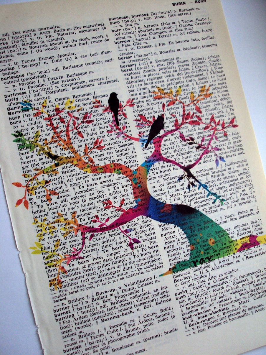 Tree of Life Art Print on Vintage  English to French Dictionary Page Art