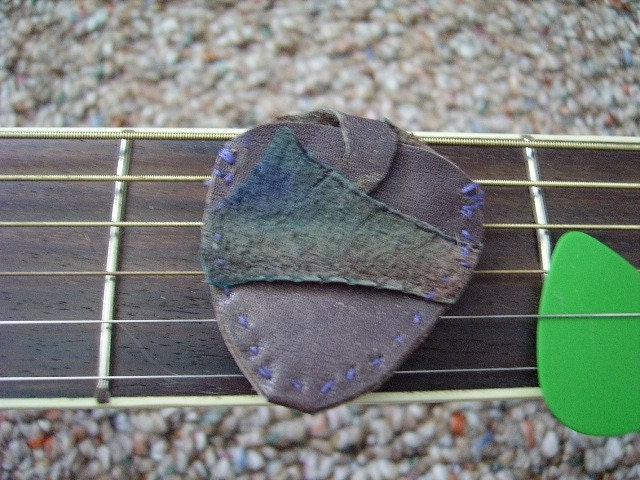 Guitar Pick Case Rustic Re-Purposed Leather Heron suede , hand stitched Music Open to a surprise