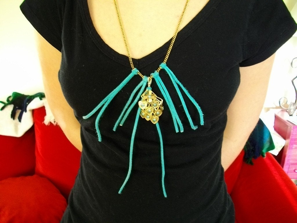 Necklace Hearts  Teal,  Suede, Gold Topaz  leather chain fringe