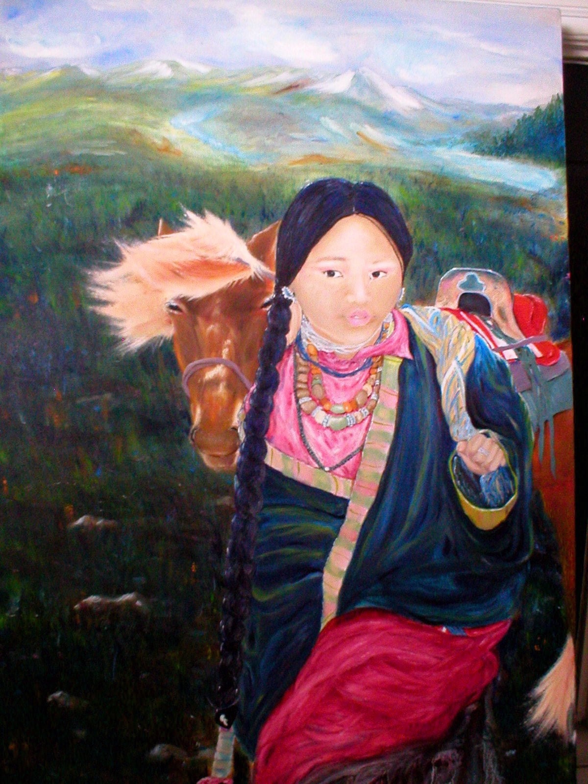 Horse Painting Oils Tibetan Teen w Horse large portrait girl ethnic