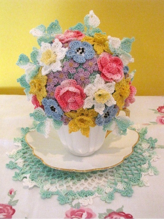 Springtime Tea Cup Bouquet Crochet PDF Pattern