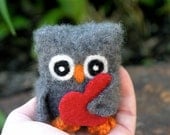 Cash the baby Owl with red heart Valentine ... dark gray cashmere eco wool felted owl (woolcrazy)