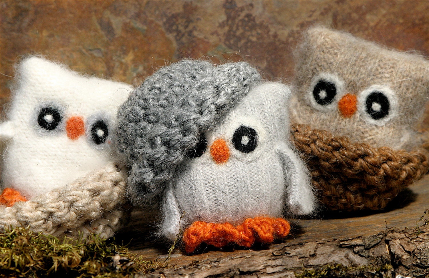 Adopt a Baby Owl ... angora eco wool felt owl nest brown white gray (woolcrazy)