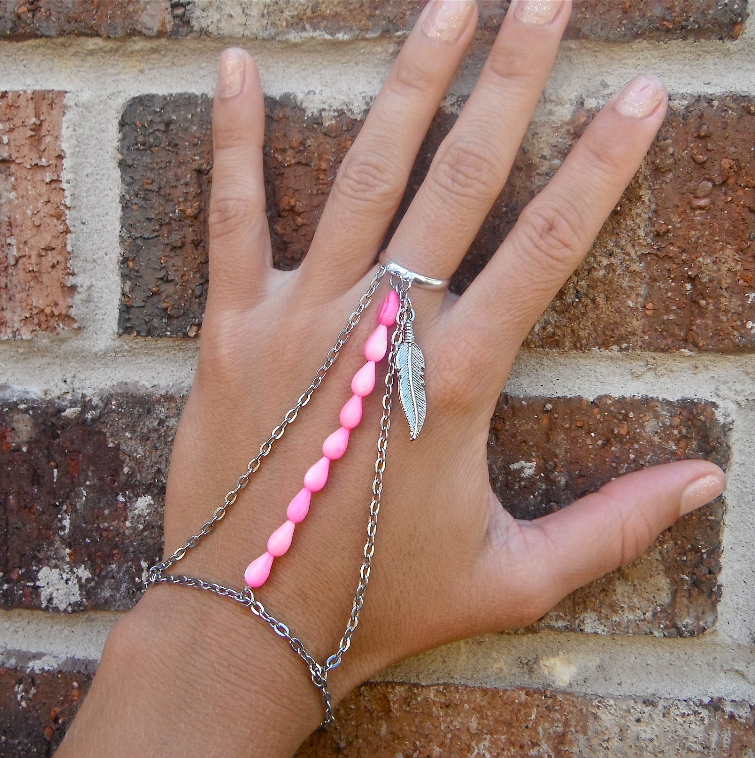 Hot Pink & Feather Silver Chain Slave Bracelet Body Jewelry