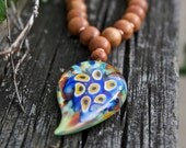Long Boho Necklace - Green Glass Evil Eye Pendant . Statement Necklace . Exotic Jewelry . One of a Kind . CLEARANCE SALE