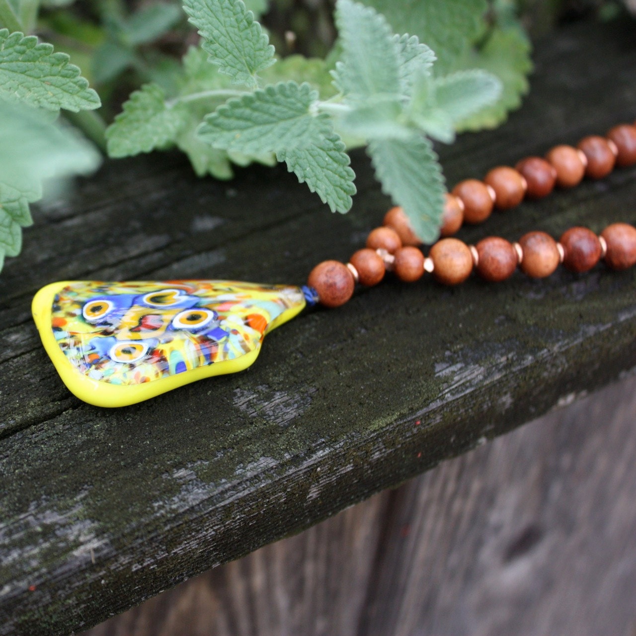 Bohemian Yellow Necklace - CLEARANCE SALE . Bright Yellow Evil Eye Necklace . Wood, Brass . One of a Kind . Hand-Stamped Gift Box Included