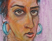 Original oil pastel drawing - 14 x 20 inches - Self Portrait with Blue Earrings