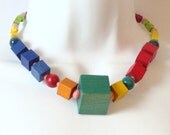 Vintage 1970's Geometric Wood Cube  Necklace Rainbow Colors