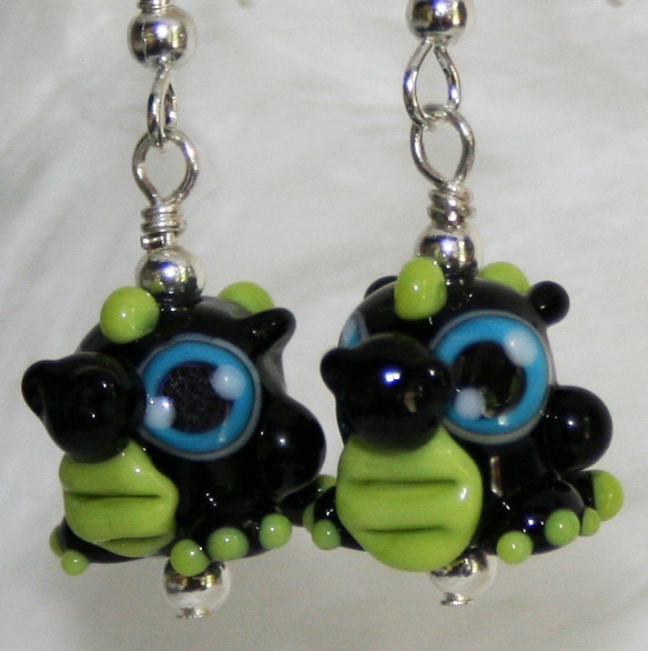 Cute Black and Green Dragon Lampworked Glass Earrings