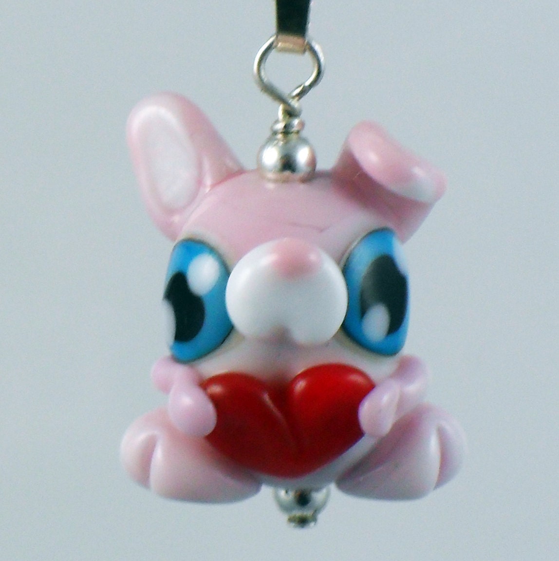 Cute Pink Bunny holding Red Heart Lampworked Glass Necklace and Cell Charm