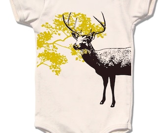 Organic Deer baby bodysuit and kid's shirt, natural cream short sleeve, woodland design, reindeer