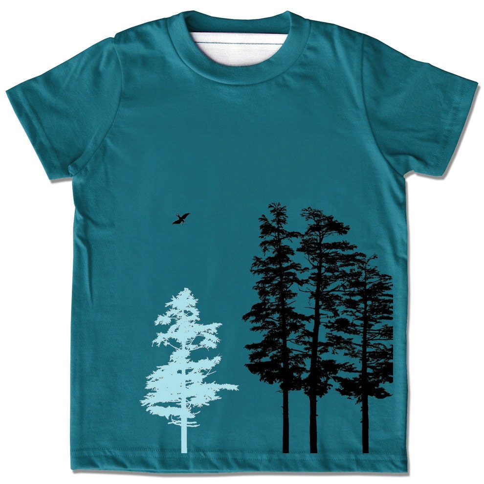 Organic Deep sea HEMLOCK Bodysuit for infant / baby, single green tree screenprint, short sleeve, woodland nature design, boy or girl