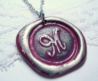 Fuchsia -Original hand stamped Wax Seal Necklace, painted, letter of your choice