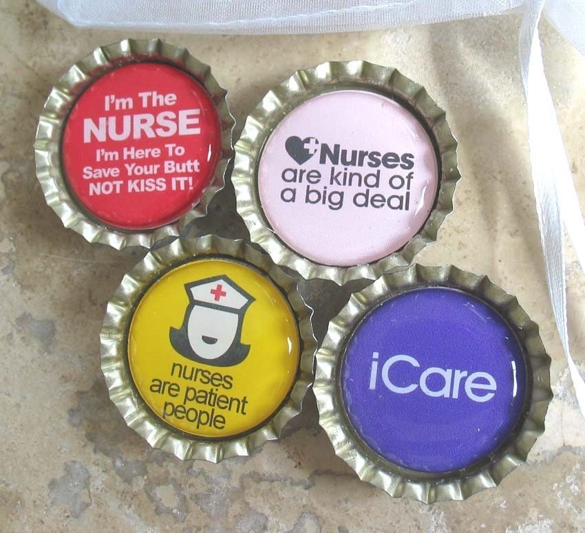 Very Funny Nurse BottleCap Magnets with White Organza Bag- Set of 4